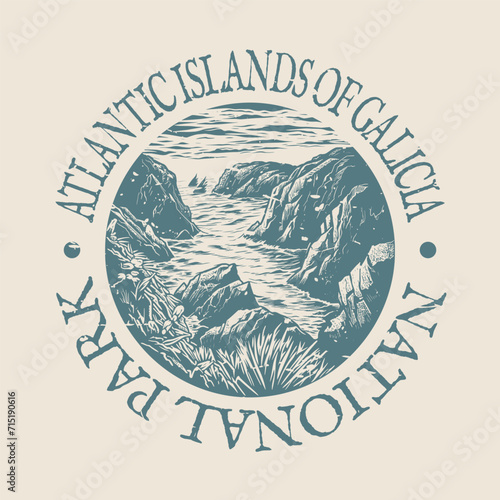 Atlantic Islands of Galicia, Pontevedra, Spain Illustration Clip Art Design Shape. National Park Vintage Icon Vector Stamp.