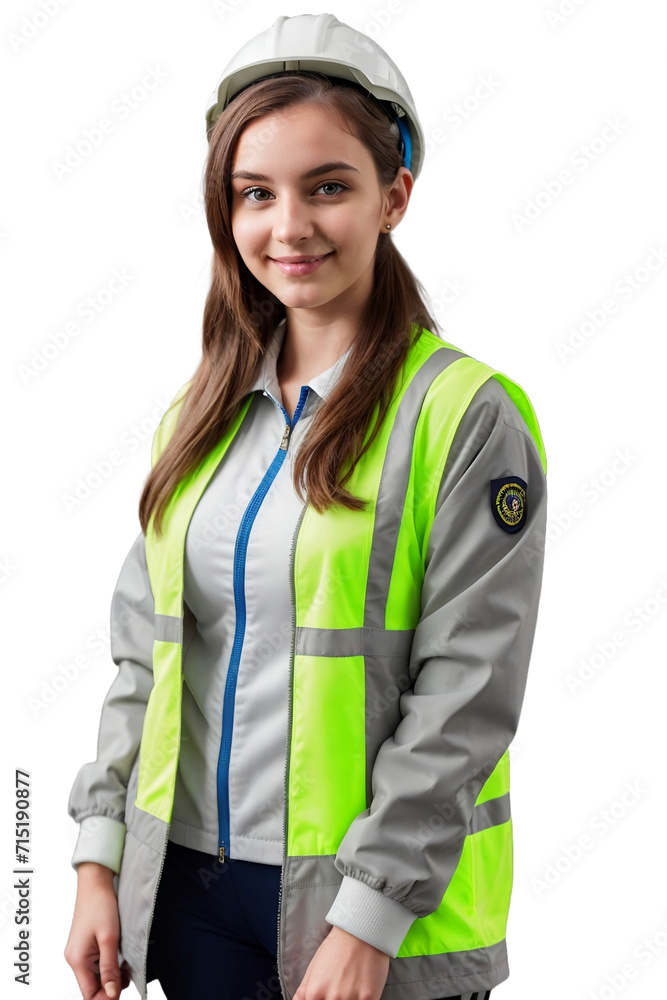 Beautiful industrial engineer wearing a Hi-Vis jacket and white helmet, confidently smiling and looking at the camera, isolated, transparent background, no background. PNG. Beautiful industrial engineer wearing a Hi-Vis jacket and white helmet, confidently smiling and looking at the camera, isolated, transparent background, no background. PNG.