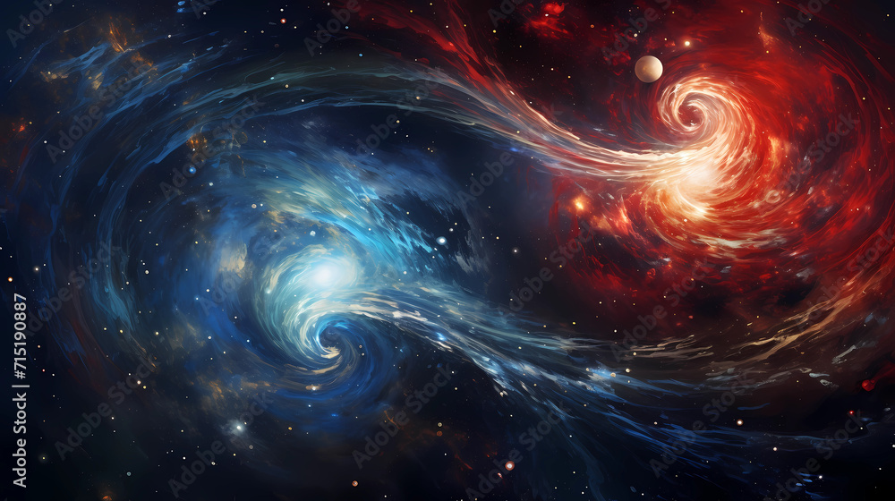 Cosmic Collision. Dazzling Dance of Galaxies Unveiling the Vast Splendor of the Universe. Theme of space. Cosmic Collision. Dazzling Dance of Galaxies Unveiling the Vast Splendor of the Universe. Theme of space.