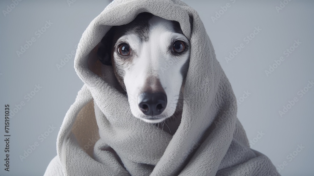 cozy canine wrapped in blanket - obrazy, fototapety, plakaty 
