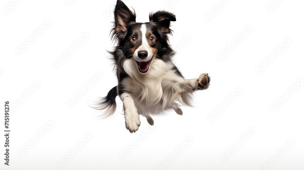 exuberant border collie mid leap, isolated white background