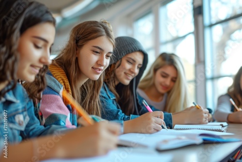 Group of beautiful female student self learning in classroom 