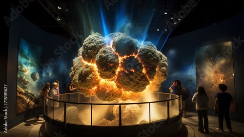 Highlight the breathtaking realism of a 3D-rendered meteor impact exhibit, capturing the dramatic effects of celestial collisions on Earth's geological history. photo