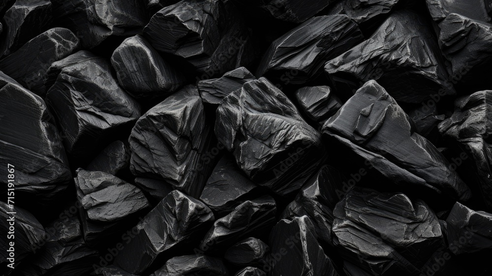 a close-up view of assorted chunks of coal, presenting a richly textured black background suitable for various design purposes