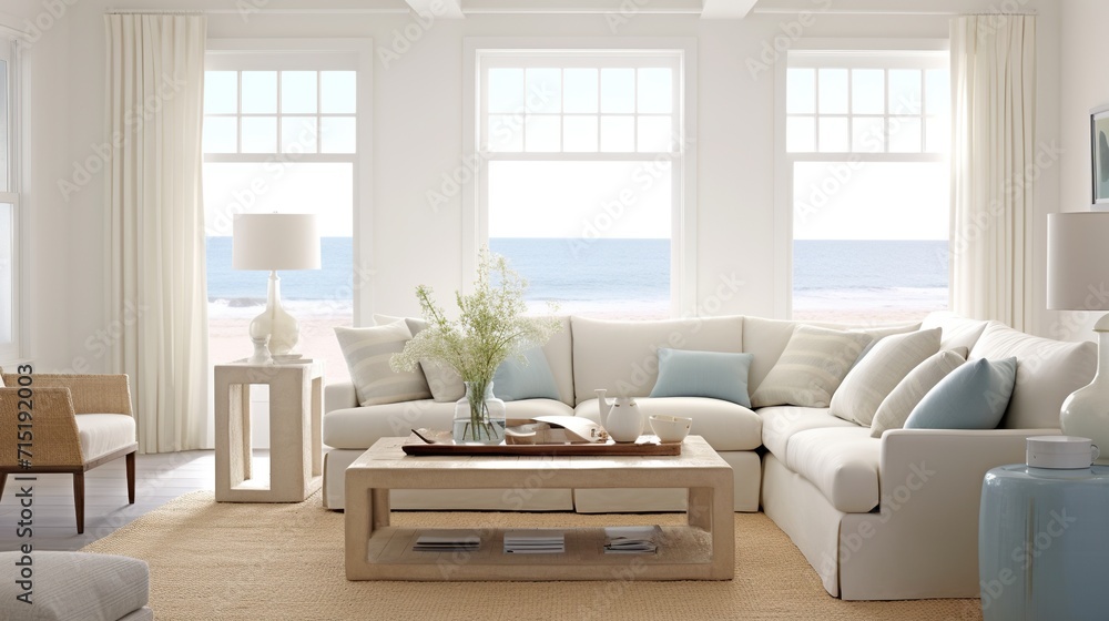 Interior of coastal living room with a view Interior of coastal living room with a view