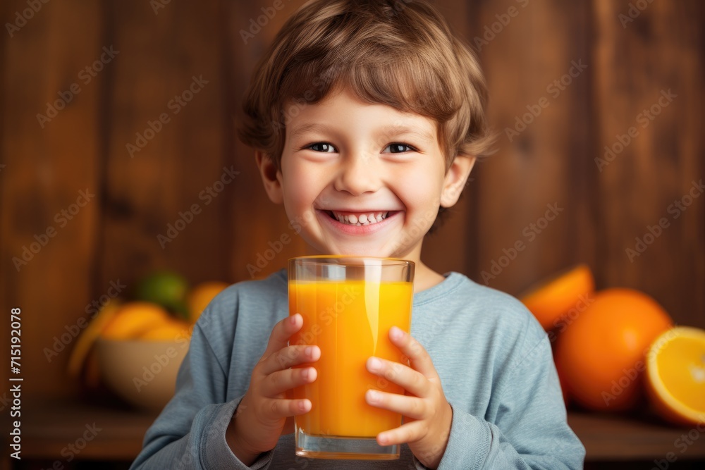 Smiling boy with a glass of orange juice against a wooden wall. Smiling boy with a glass of orange juice against a wooden wall.