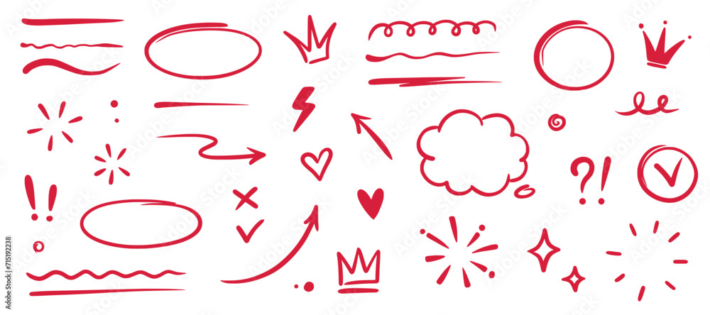 Hand drawn red highlight, text underline, emphasis mark, line shape set. Hand drawn scribble arrow, love heart, speech bubble, crown element. Marker, pen brush stroke. Vector illustration - obrazy, fototapety, plakaty 