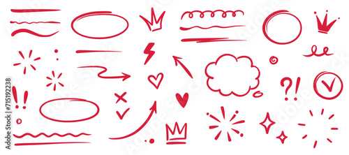 Hand drawn red highlight, text underline, emphasis mark, line shape set. Hand drawn scribble arrow, love heart, speech bubble, crown element. Marker, pen brush stroke. Vector illustration