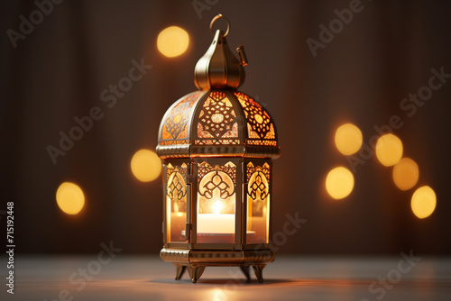 Vintage Arabic lantern with burning candles on dark background. Ramadan Kareem concept