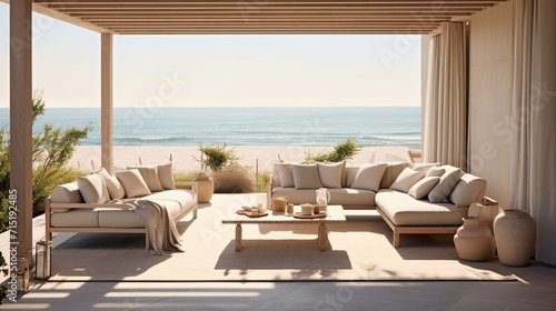 Interior of coastal living room with a view 
