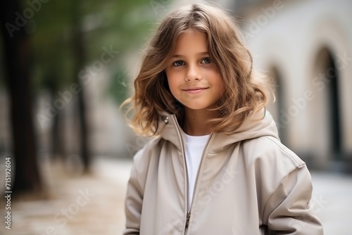 Outdoor portrait of a beautiful little girl in a beige coat