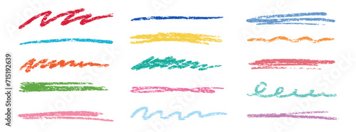 Crayon brush stroke color underline. Chalk pen highlight stroke. Vector hand drawn brush underline element set for accent, crayon texture emphasis element. Color kid chalk vector illustration