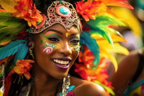Joyful carnival dancer in a feathered costume.