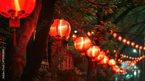 A row of neon red lanterns hanging from the trees providing gentle light and a touch of traditional Japanese culture