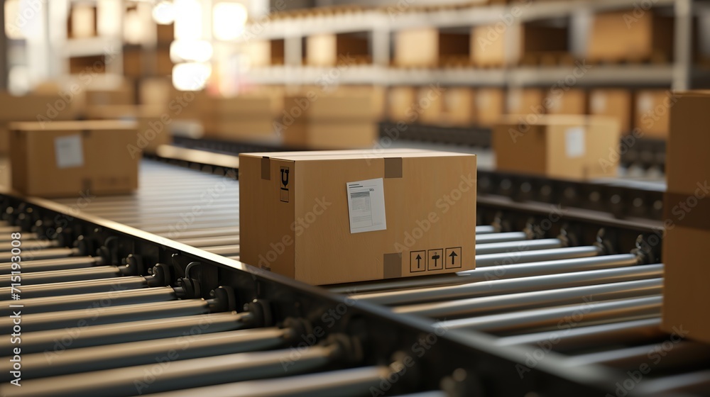 Cardboard boxes on conveyor rollers ready to be shipped by courier for distribution. copy space for text. Cardboard boxes on conveyor rollers ready to be shipped by courier for distribution. copy space for text.