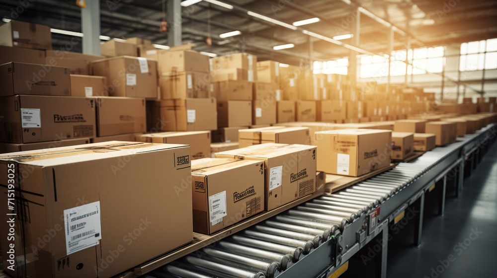 Cardboard boxes on conveyor rollers ready to be shipped by courier for distribution. copy space for text.