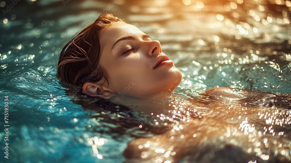 Beauty and body care. Sensual young woman relaxing in outdoor spa swimming pool. woman relax in swimming pool.