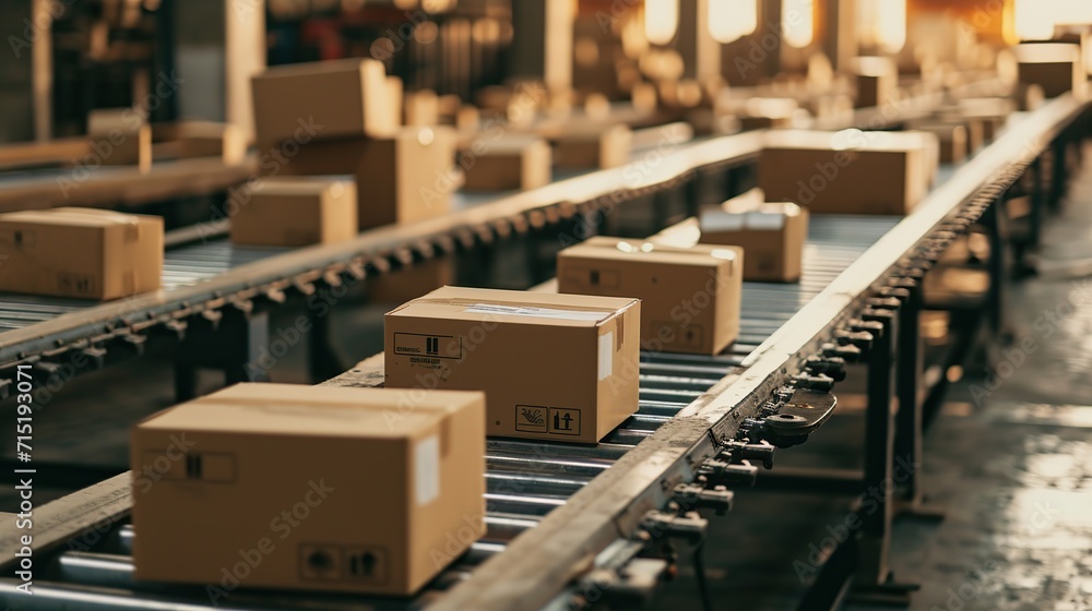 Cardboard boxes on conveyor rollers ready to be shipped by courier for distribution. copy space for text. Cardboard boxes on conveyor rollers ready to be shipped by courier for distribution. copy space for text.