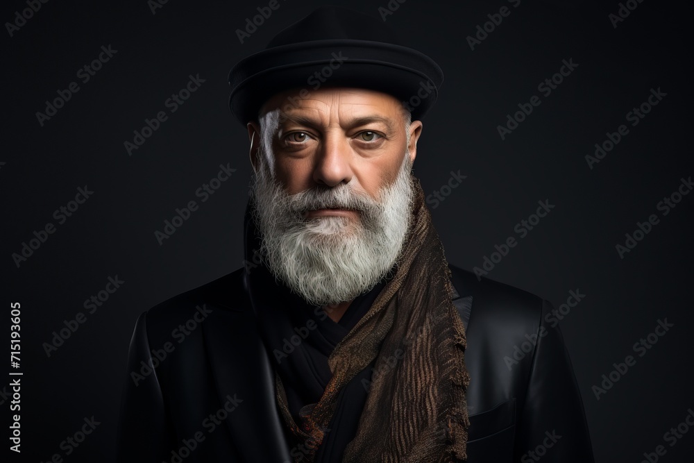 Portrait of an old man with a long white beard and mustache wearing a black hat and scarf on a dark background Portrait of an old man with a long white beard and mustache wearing a black hat and scarf on a dark background