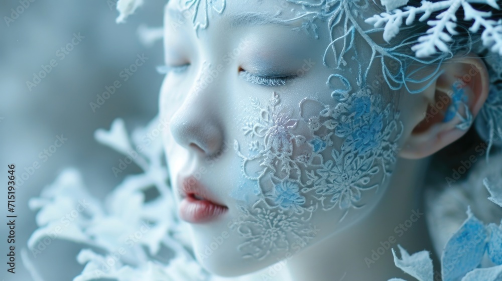 Fototapeta premium A closeup of the Winter Queens delicate porcelain skin with intricate icy blue patterns painted on, resembling the delicate frost on a winter morning.