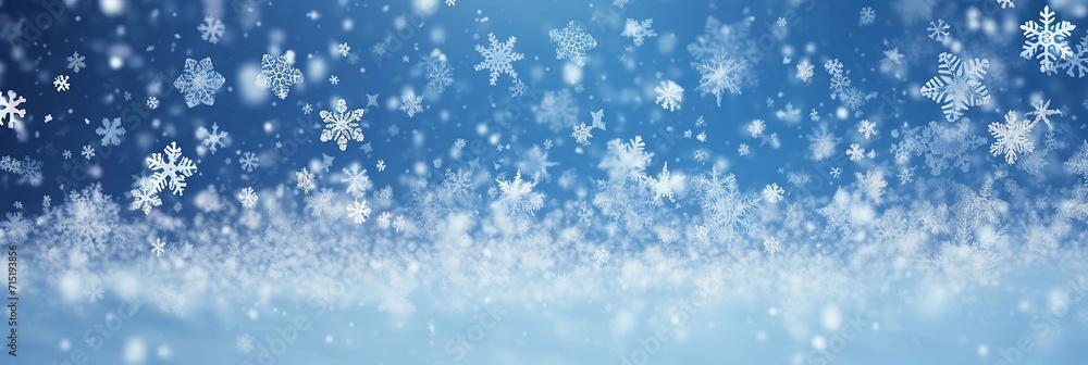 Random flying snow flakes composition. Winter fleck freeze elements. Snowfall weather white blue design. Vivid snowflakes february texture. Snow nature