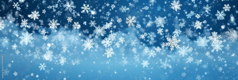 Random flying snow flakes composition. Winter fleck freeze elements. Snowfall weather white blue design. Vivid snowflakes february texture. Snow nature
