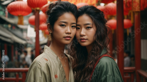 Two beautiful Asian women, next to each other, looking at the camera, in the background a street