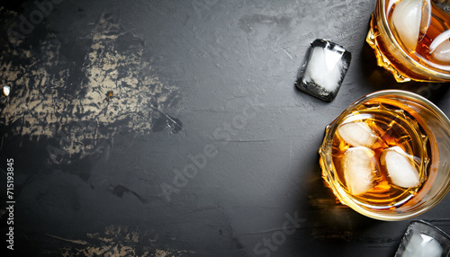 Whiskey with ice. Top view with copy space. high quality photo on a black background