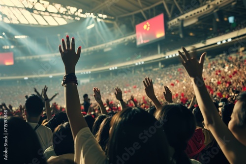 a crowd of people cheering at a sports event, skylight exposure, colorism, 8K, hyper quality