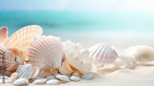 Close-up of various seashells on a bright sandy beach under sunlight.