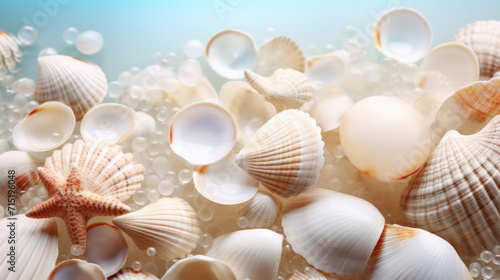 Assorted seashells and a starfish surrounded by bubbles on a blue background.