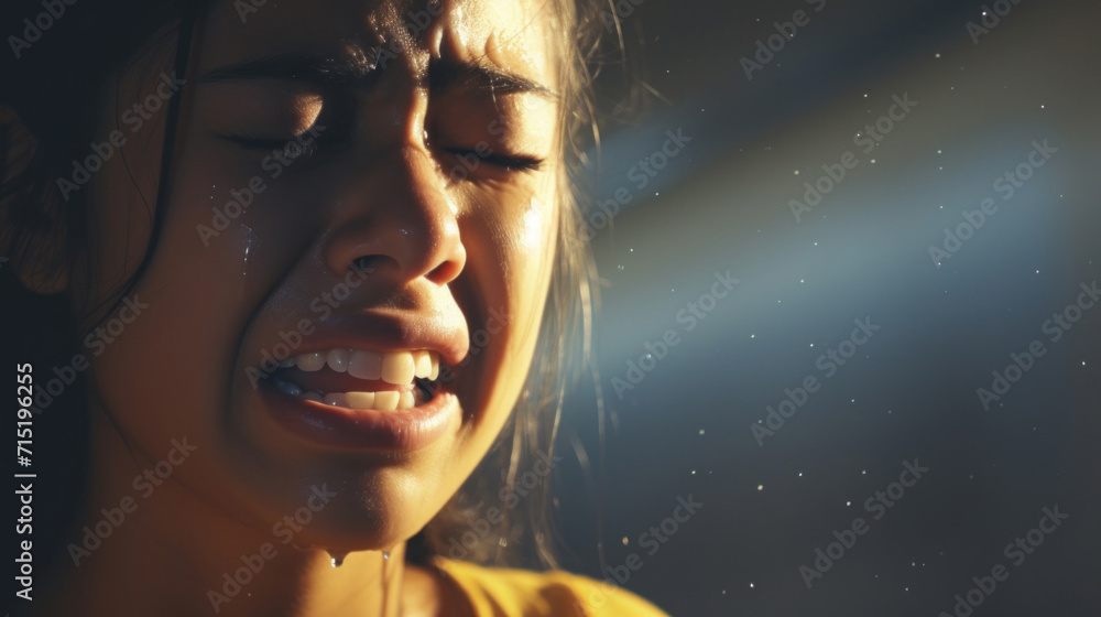 Close-up of a tearful young girl with tears on her face, highlighted by intense sunlight and shadows. Close-up of a tearful young girl with tears on her face, highlighted by intense sunlight and shadows.