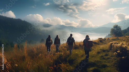 A group of hikers with backpacks walking through misty mountain scenery, evoking a sense of adventure and exploration.