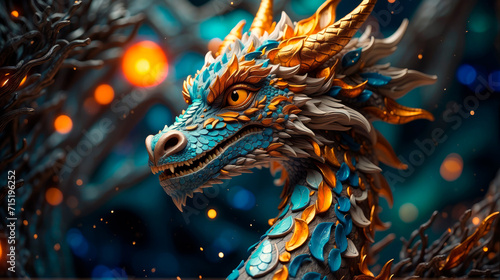 A dragon with fire on blue background.. Generative AI 