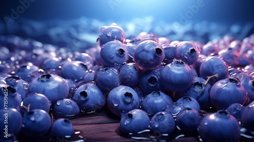 a backdrop of piles of fresh blue berries fills the entire space. wet with water droplets, a feel of freshness.