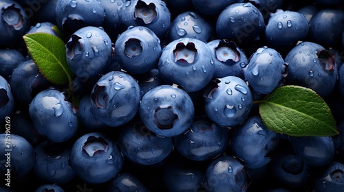 a backdrop of piles of fresh blue berries fills the entire space. wet with water droplets, a feel of freshness.