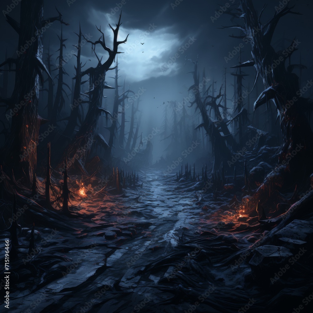 Haunted Forest Path with Dead Trees and Fires
