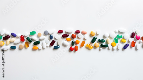 A colorful assortment of pharmaceutical pills and capsules arranged in a line on a white background.