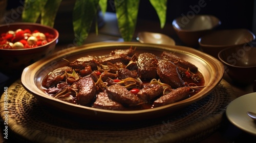 An alluring shot of adobong puso ng saging, featuring tender banana blossom hearts simmered in a savory adobo sauce, offering a unique texture and taste.