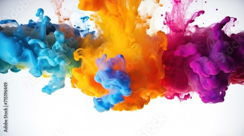 Explosion of colorful ink clouds merging in water, creating an abstract and artistic effect.