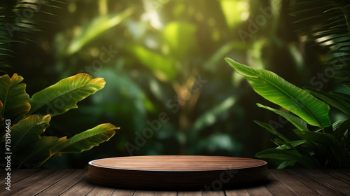 Wooden circular platform with a serene tropical rainforest background  ideal for product display or meditation.