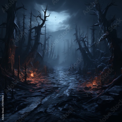 Haunted Forest Path with Dead Trees and Fires
