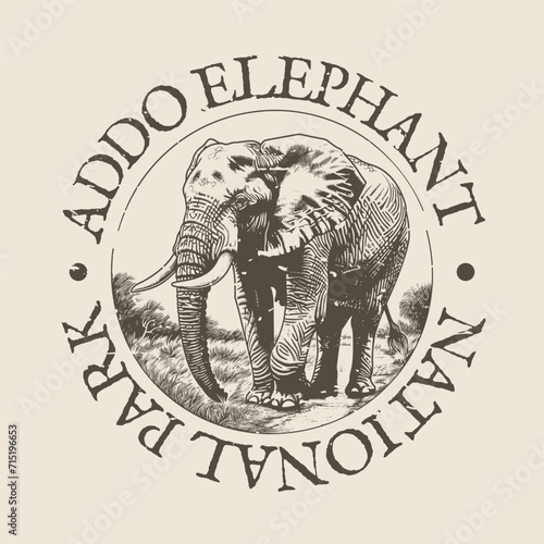 Addo Elephant, Addo, South Africa Illustration Clip Art Design Shape. National Park Vintage Icon Vector Stamp.