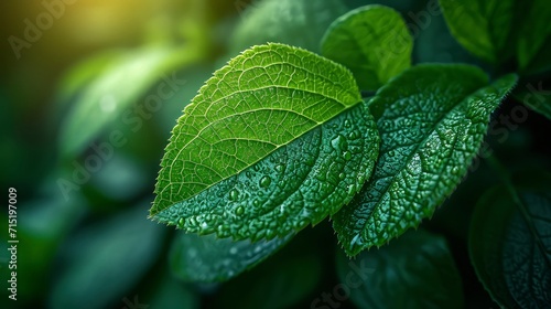 Close-up of green leaves with blur forest background and dramatic sunlight.