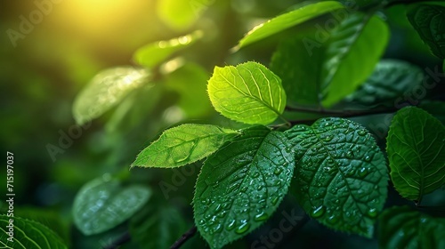 Close-up of green leaves with blur forest background and dramatic sunlight.