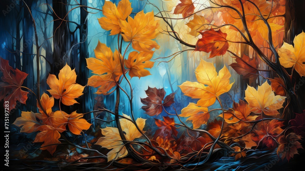 Multicolored fallen maple leaves, vibrant autumn panoramic background.