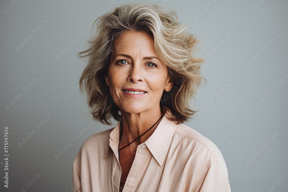Portrait of smiling senior businesswoman looking at camera against grey background Portrait of smiling senior businesswoman looking at camera against grey background