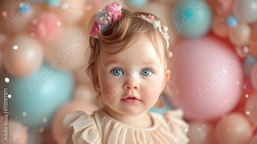 Adorable baby model girl with flower and balloons. Pastel pink background cute infant studio shot portrait for birthday or festive holiday season.