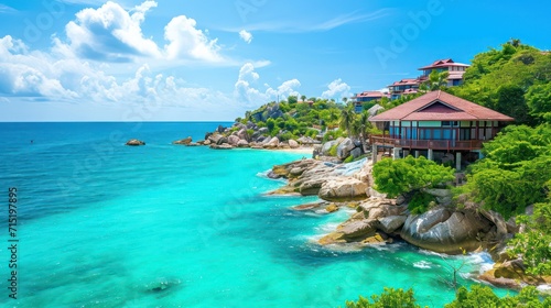 Luxurious panoramic scene featuring an exotic resort with villas on a stunning beach  set against the backdrop of a turquoise seascape