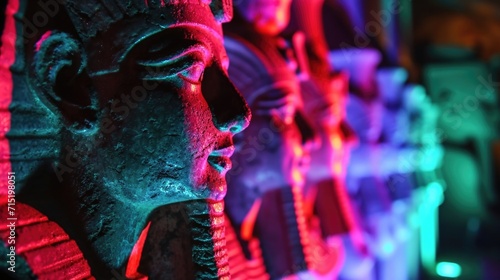The stoic statues of an ancient civilization now illuminated by rainbow neon lights